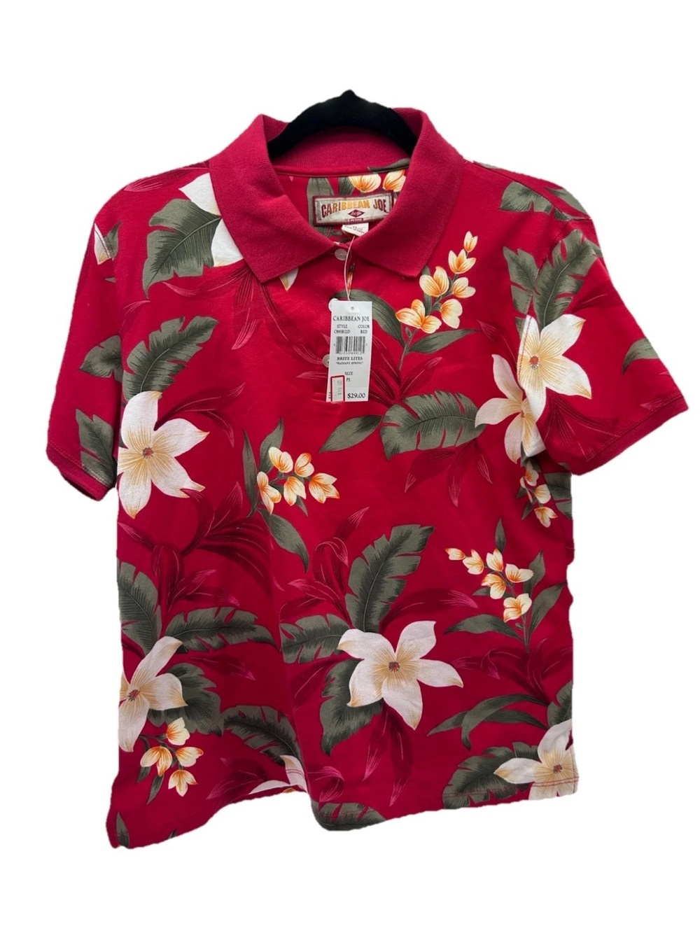 Caribbean Joe Red Tropical Floral Polo